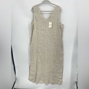 NWT Amazhiyu 100% Linen Summer Sleeveless V-Neck Midi Dresses Sz XXL beige
